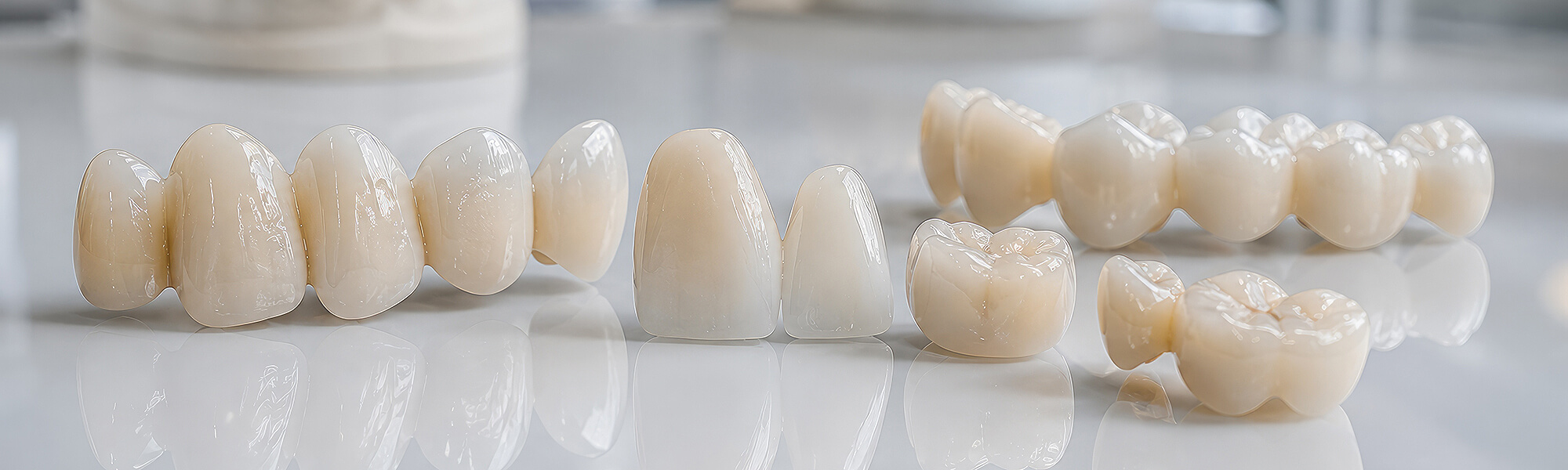 Fertige keramische Veneers, Kronen und Zahnbrücken auf spiegelnder Laborfläche