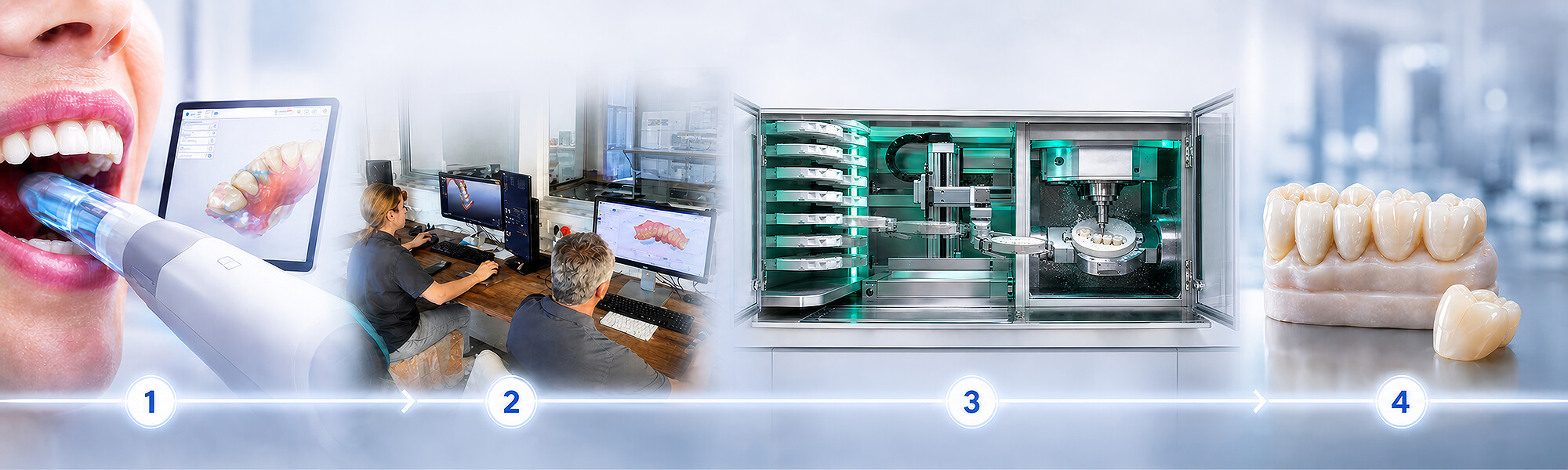 Vierstufiger CAD/CAM-Prozess vom Intraoralscan über Planung und Fräsen bis zum fertigen Zahnersatz