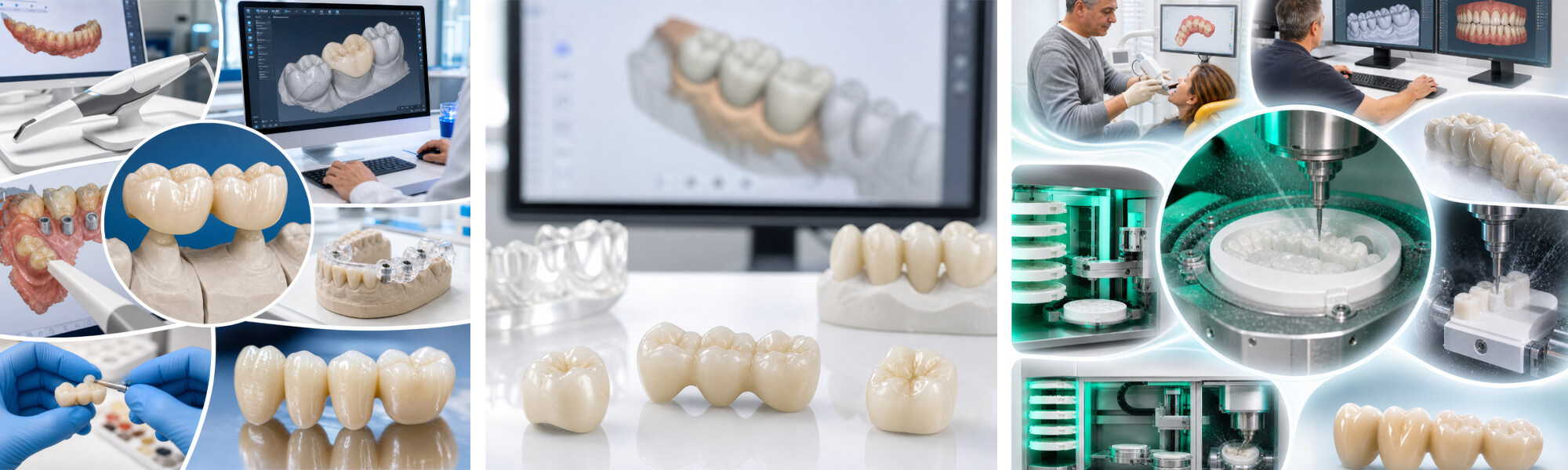 CAD/CAM-Collage mit Intraoralscan, digitaler Zahnplanung, Fräsmaschine und fertigem Zahnersatz