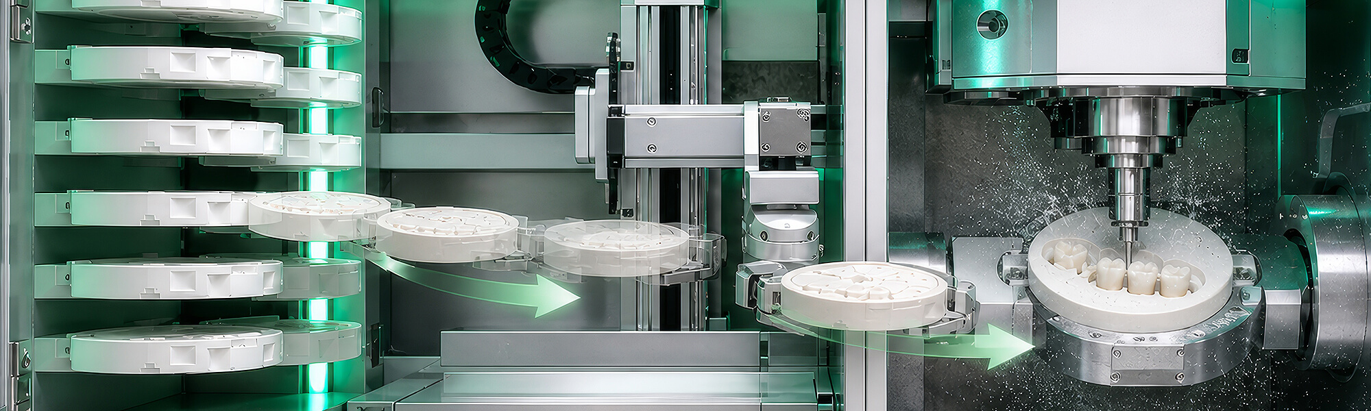 Automatisierte CAD/CAM-Fräsmaschine mit Rohlingen und Fräsprozess für Zahnersatz
