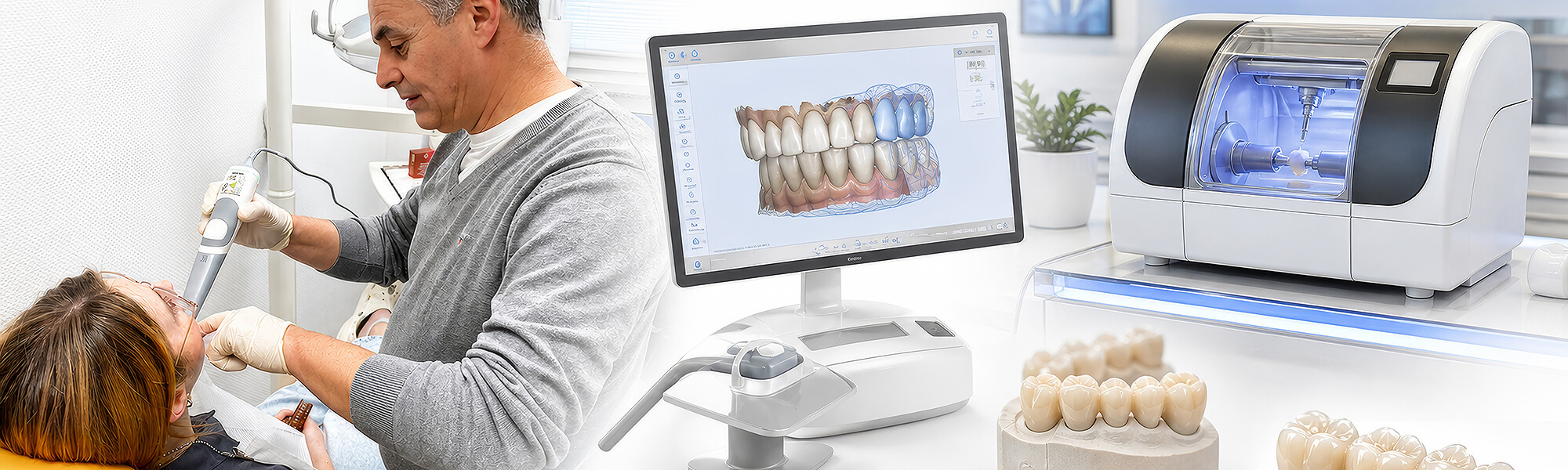 Intraoralscan, digitale Zahnplanung, Fräseinheit und fertiger Zahnersatz im CAD/CAM-Prozess